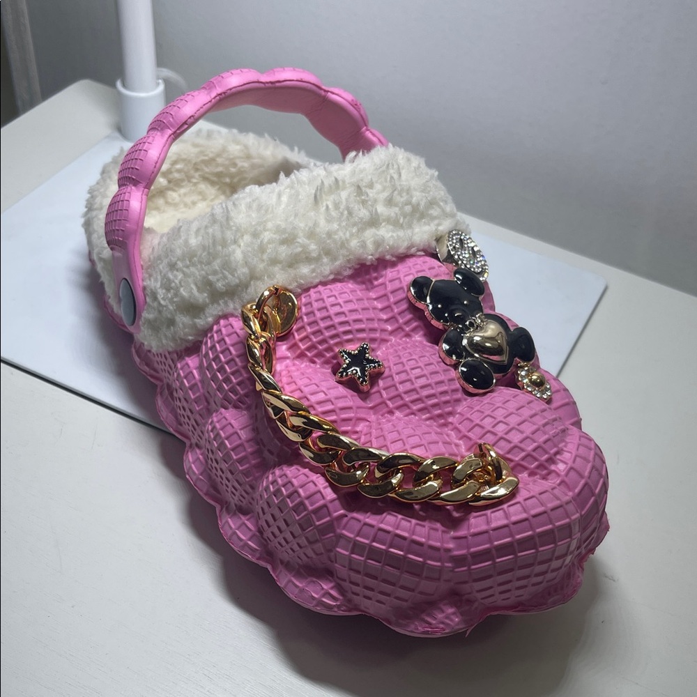 Pink Furry Clog with Gold Chain and Bear Charm